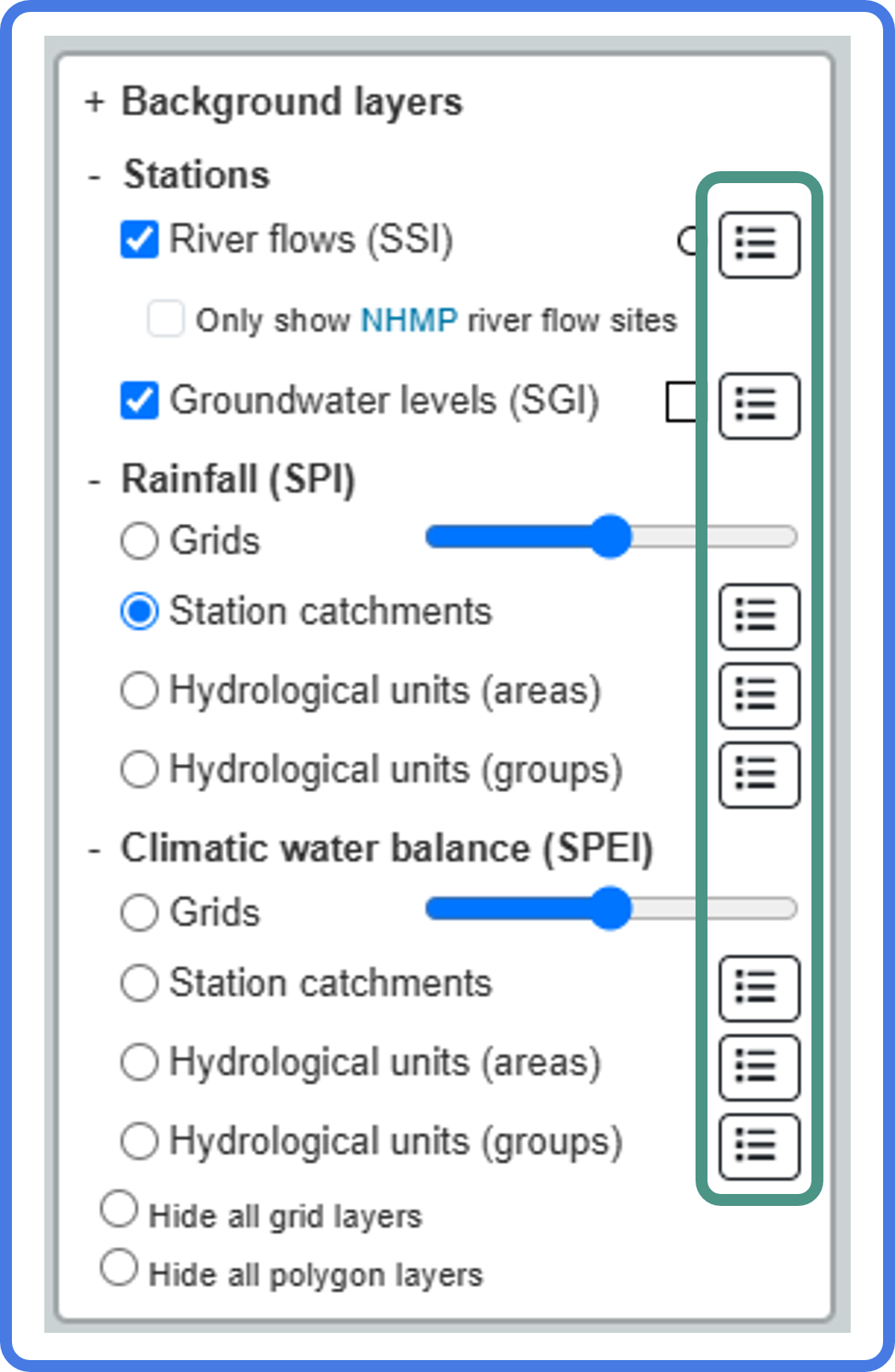 Screenshot of the map dataset list showing the buttons to open the catchment list dialog box.